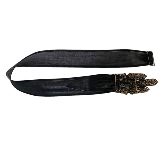 Vintage LUCIANO Hand Tooled Brutalist Brass Buckle on Leather Belt - Picture 5 of 6